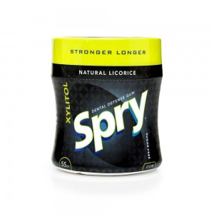 Guma de mestecat Spry Stronger Longer, borcan cu 55 tablete, licorice (lemn dulce)